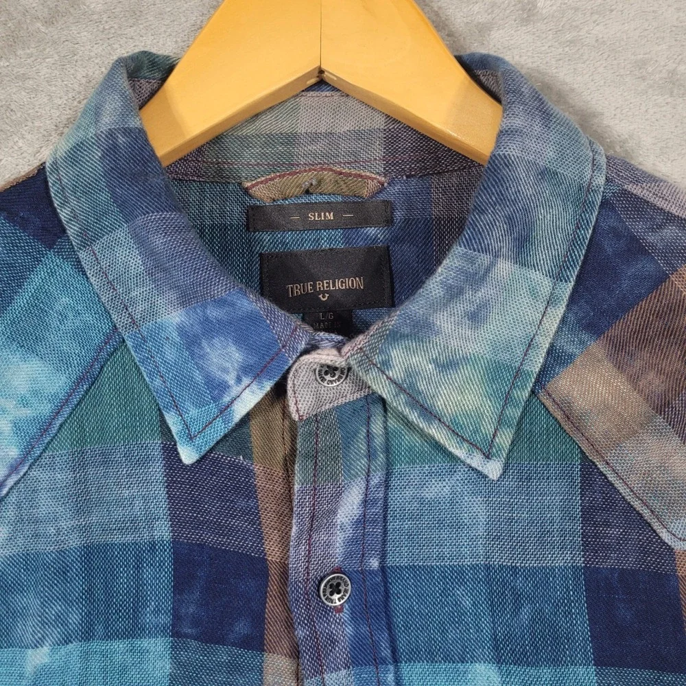 True Religion Western Shirt Mens Large Blue Plaid Slim Fit Bleashed MB011RN4
